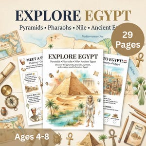 May include: An educational activity book titled Explore Egypt featuring 29 pages for ages 4-8. The cover displays a pyramid, a pharaoh, and a river scene. Surrounding the book are illustrations of a map, a compass, an ankh, and pencils.