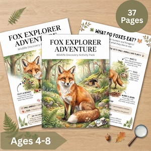 Könnte beinhalten: Ein 37-seitiges Fox Explorer Adventure Wildtier-Entdecker-Aktivitätspaket für Kinder von 4 bis 8 Jahren. Die Seiten zeigen Illustrationen von Füchsen im Wald, lehrreiche Texte über ihre Ernährung, Insekten, Eier, Beeren und ein Lupensymbol.