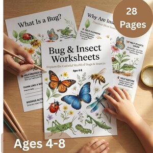 Puede incluir: Un conjunto de 28 páginas de fichas de trabajo sobre insectos para edades de 4 a 8 años, con ilustraciones en acuarela de una mariposa monarca, mariposa azul, mariquita, abeja, libélula, saltamontes y oruga, con texto educativo.