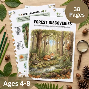 Puede incluir: Un paquete de actividades educativas de 38 páginas titulado Forest Discoveries, A Nature Explorer Pack for Little Woodland Adventurers, con una ilustración en acuarela de un zorro, un erizo y una ardilla en un bosque con un arroyo.