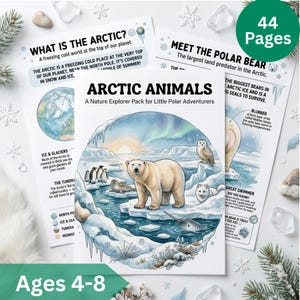Op de afbeelding: Een educatief pakket van 44 pagina's getiteld Arctic Animals: A Nature Explorer Pack for Little Polar Adventurers. De omslag toont een ijsbeer, uil, zeehond en narwal in een ijzig landschap onder het noorderlicht.
