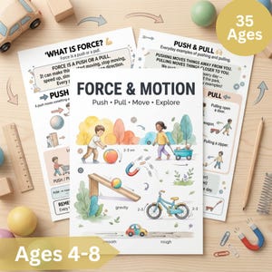 May include: Educational posters titled Force & Motion with illustrations of children pushing and pulling objects, a ball on a ramp, a bicycle, and a magnet. The text explains concepts like push, pull, move, and explore for ages 4-8, featuring colourful drawings of trees, a wagon, and a car.