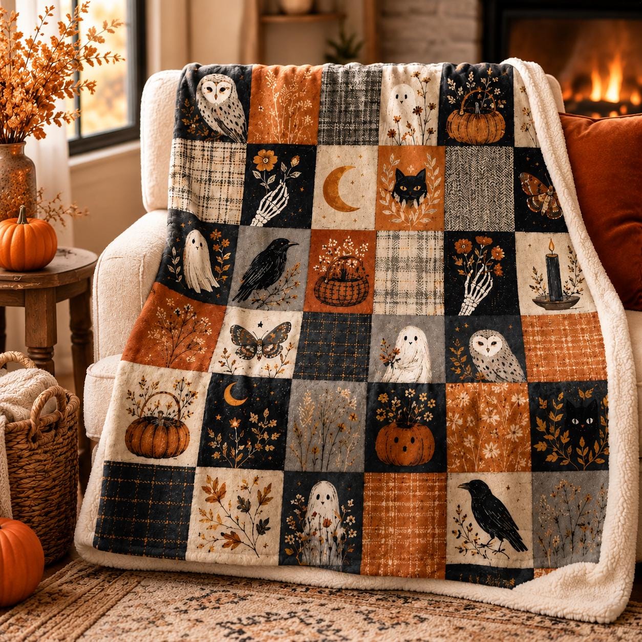 Spooky Halloween Flannel Blanket, Patchwork Ghost Owl Cat Pumpkin Decor (30x40"-60x80")