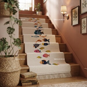 Hand Knotted Indo Oushak Runner Rug, Off White Multi Color Fish Motif Wool Carpet, Made in India Hallway Floor Decor, Coastal Long Rug