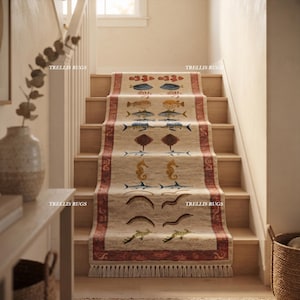 Hand Knotted Indo Oushak Runner Rug, Ivory Multi Ocean Fish Design Carpet, Made in India Wool Runner for Hallway, Coastal Decor Area Rug