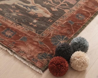 Brown Terracotta Hand Knotted Rug, Rust and Charcoal Oriental Wool Rug, Vintage Turkish Style Area Rug for Living Rooom,Traditional Rug