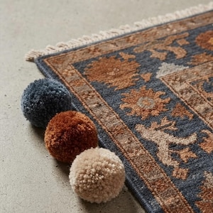 Hand Knotted Charcoal Blue Rug, Traditional Oushak Wool Carpet, Distressed Navy and Rust Terracotta Area Rug for Living Room, Vintage Rug