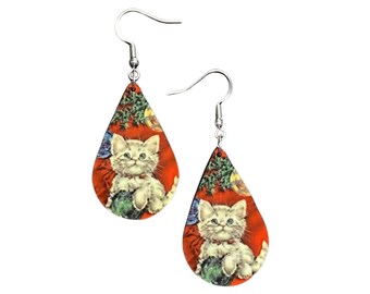 1.5" Lightweight Wood Teardrop Earrings | Vintage Christmas Card Image |  Cat with Ornaments on Red Background