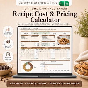 May include: A digital Recipe Cost and Pricing Calculator for Microsoft Excel and Google Sheets displayed on a laptop screen. The interface shows ingredient costs, labor, profit margins, and a pie chart for home and cottage bakers.