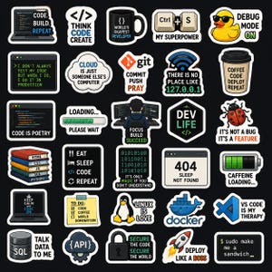 Peut inclure: Une collection de trente autocollants en vinyle individuels pr&eacute;sentant divers th&egrave;mes de programmation et de d&eacute;veloppement logiciel, incluant des citations textuelles, des ic&ocirc;nes d'ordinateurs, de tasses &agrave; caf&eacute;, un canard, une fus&eacute;e et un pingouin.