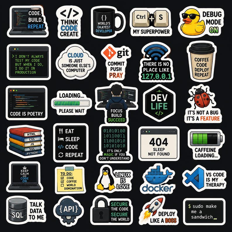 Peut inclure: Une collection de trente autocollants en vinyle individuels pr&eacute;sentant divers th&egrave;mes de programmation et de d&eacute;veloppement logiciel, incluant des citations textuelles, des ic&ocirc;nes d'ordinateurs, de tasses &agrave; caf&eacute;, un canard, une fus&eacute;e et un pingouin.