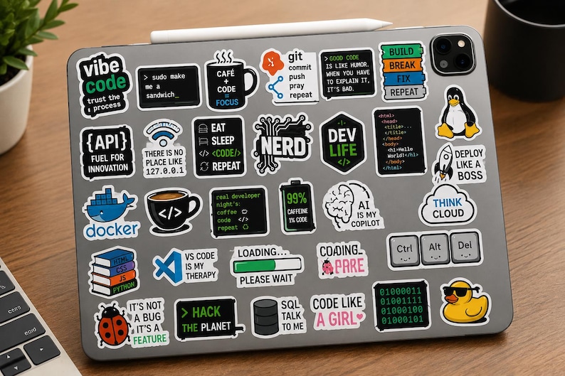 Peut inclure: Une tablette grise recouverte d'une vari&eacute;t&eacute; d'autocollants en vinyle color&eacute;s sur le th&egrave;me de la programmation et de la technologie. Les autocollants incluent des textes comme Vibe Code, Eat Sleep Code Repeat, Dev Life, AI is My Copilot et des ic&ocirc;nes.