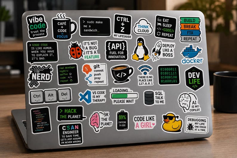 Peut inclure: Un couvercle d'ordinateur portable argent&eacute; recouvert d'une collection d'autocollants en vinyle rectangulaires et fa&ccedil;onn&eacute;s, pr&eacute;sentant des graphiques, du texte et des ic&ocirc;nes sur le th&egrave;me de la programmation et de la technologie.