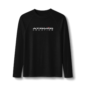 May include: A black long-sleeve shirt featuring the white text ATOMIC AQUATICS printed on the chest, with a small red rectangular accent above the letter I in the word ATOMIC. The shirt has a crew neckline and raglan style sleeves.