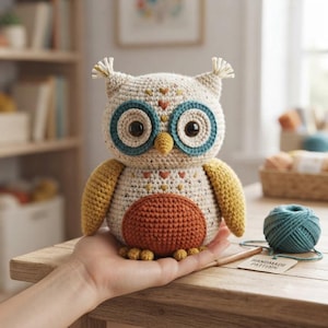 May include: A crocheted owl figurine featuring a cream-colored body with speckled details, teal eye rings, a yellow beak, mustard yellow wings, and a rust-colored belly. The owl has small tufts on its head and is crafted with yarn.