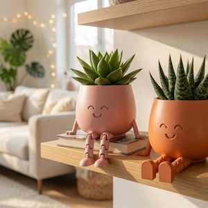 May include: Two rounded plant pots with smiling faces and dangling articulated legs. One pot is light pink and holds a green succulent, while the other is terracotta orange and contains a dark green, spiky, patterned succulent plant.