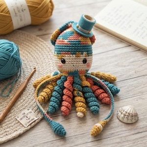 May include: A crocheted octopus toy featuring a variegated yarn body in shades of teal, orange, and cream, wearing a small blue top hat. The toy has two dark eyes, pink cheeks, and multiple spiraled tentacles in matching colours.