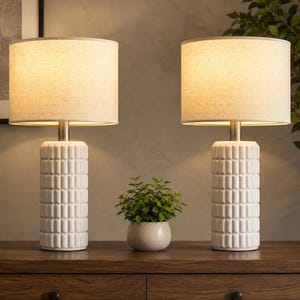 Modern White Ceramic Table Lamp with Linen Shade, Textured Bedside Lamp for Living Room, Bedroom and Home Décor