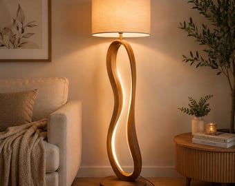 Modern Sculptural Wooden Floor Lamp with Warm LED Light, Linen Shade and Inline Switch