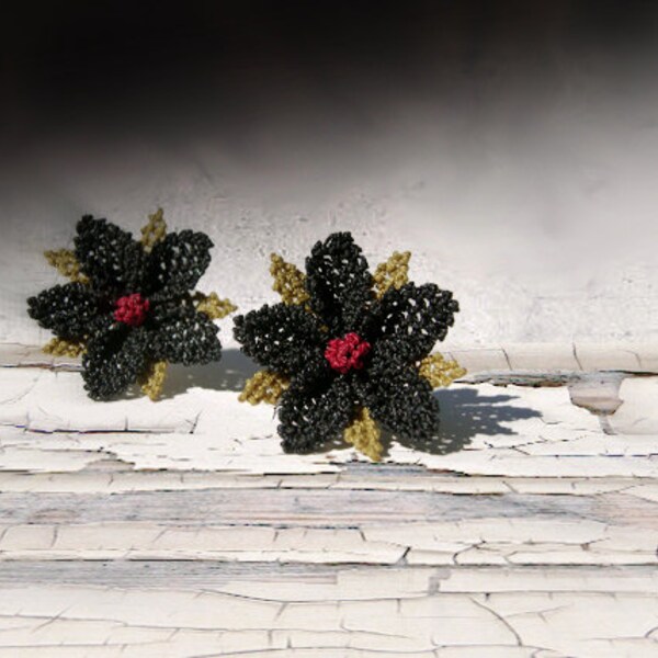 Eco friendly black lace earrings, nature and simple jewelry, hand embroidery silk fiber art earrings flower