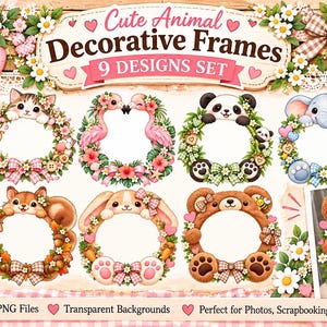 May include: A digital collection of nine circular decorative frames featuring illustrated animals including a puppy, kitten, flamingos, panda, elephant, giraffe, squirrel, rabbit, and bear, all adorned with floral wreaths and gingham bows.