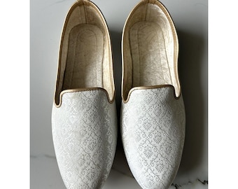 Men Wedding Loafer Shoes, Handmade Groom Slip On, Ivory Brocade Dress Shoes, Indian Wedding Footwear,Sherwani Loafers,Reception Party Shoes.