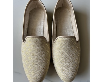 Gold Groom Wedding Shoes Men Sherwani Mojari Indian Khussa Engagement Gift Him Anniversary Brocade Loafers Ethnic Footwear Handmade Slip On.