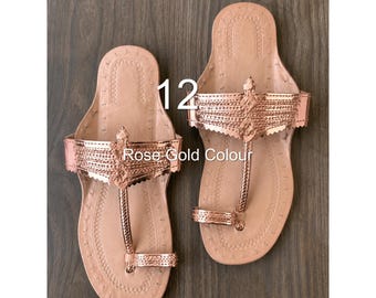 Women's Metallic Leather Kolhapuri Sandals, Handmade Flat Toe Loop Slides, Summer Holiday Footwear, Bohemian Resort minimalist Walking Shoes