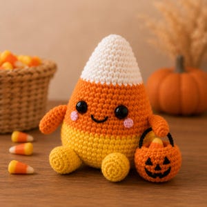 May include: A crochet candy corn plush toy with a white top, orange middle, and yellow base. It features black safety eyes, a stitched smile, and pink cheeks. The plush holds a small orange crochet jack-o'-lantern bucket containing candy corn.