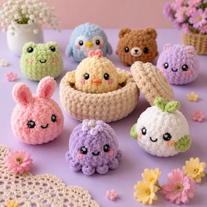 May include: A collection of small, round, crocheted plush toys featuring various animal designs including a light green frog, a blue bird, a brown bear, a pink rabbit, a purple octopus, and a yellow chick sitting inside a beige crocheted basket.
