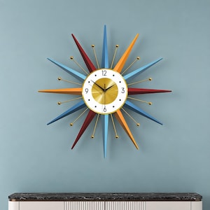 Large Starburst Wall Clock Mid Century Modern Metal Silent Wall Decor