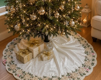 Luxury Ivory Christmas Tree Skirt, Embroidered Floral Tree Skirt, Satin Christmas Tree Mat, Handmade Holiday Decor, White Christmas skirt