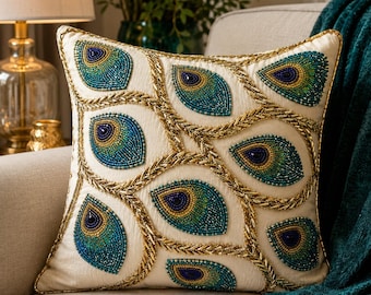 Handmade Peacock Feather Beaded Pillow Cover, Luxury Embroidered Cushion Cover, Decorative Throw Pillow, Boho Home Decor Gift