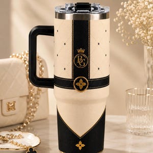 Peut inclure: Un gobelet isotherme crème et noir avec une poignée et un couvercle transparent. L'extérieur présente un motif matelassé, une bande noire verticale centrale avec un logo couronne doré et les lettres PG, ainsi qu'une bande horizontale à motif floral.