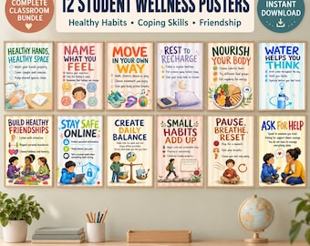 Student Wellness Posters, Healthy Habits Classroom Decor Set of 12 SEL Printable Wall Art