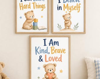 Kids Affirmation Posters Set of 3, Bear Nursery Wall Art and Growth Mindset Prints