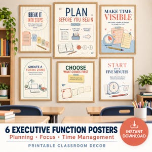 May include: A set of six educational posters with light-colored backgrounds and wooden frames. Each poster features instructional text and illustrations related to productivity, including titles like Break It Into Steps, Plan Before You Begin, Make Time Visible, Create a Focus Zone, Choose What Comes First, and Start With Five Minutes.