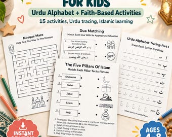 Islamic Activity Pack for Kids, Urdu Alphabet Tracing Worksheets, Muslim Homeschool Printable PDF