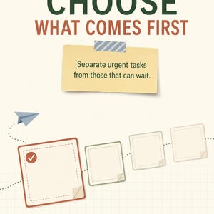 May include: A graphic poster with the dark green text CHOOSE and the rust-colored text WHAT COMES FIRST. A yellow sticky note with the text Separate urgent tasks from those that can wait is attached with blue striped tape above four square icons.