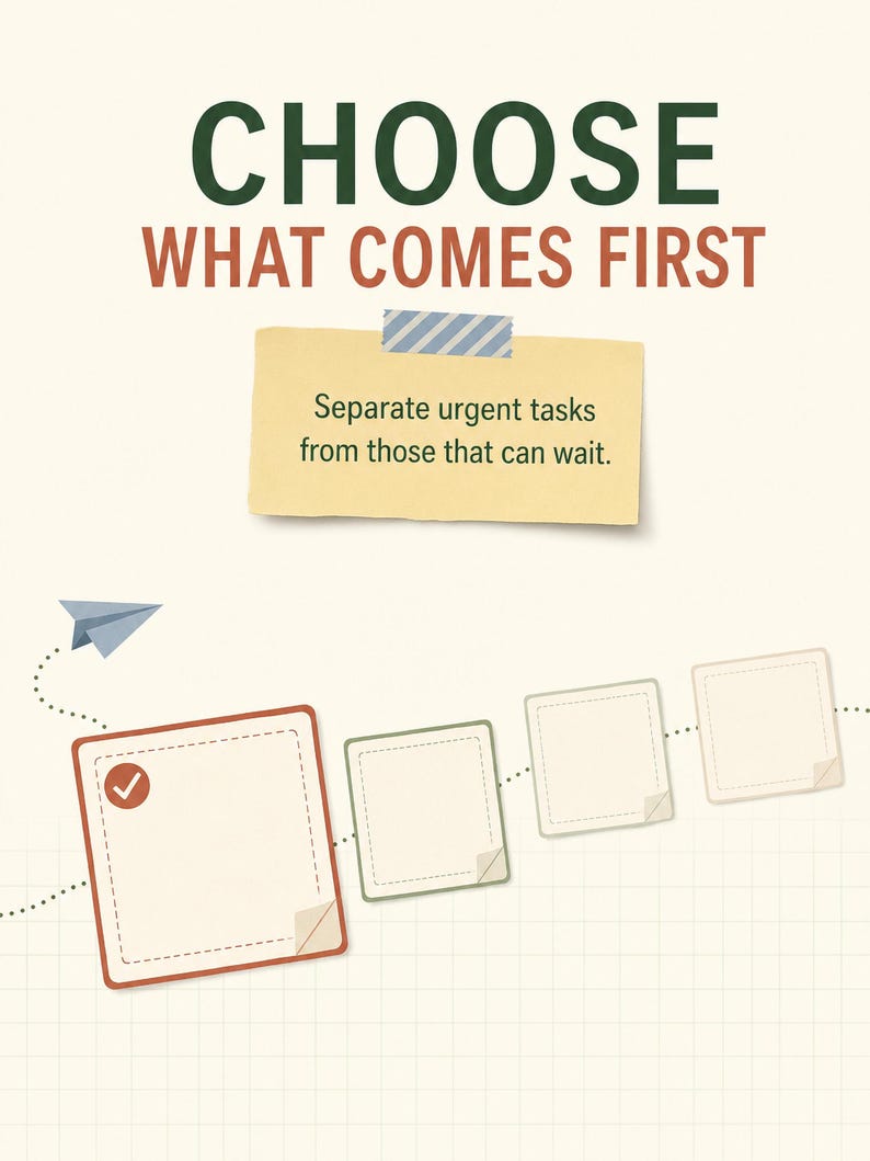 May include: A graphic poster with the dark green text CHOOSE and the rust-colored text WHAT COMES FIRST. A yellow sticky note with the text Separate urgent tasks from those that can wait is attached with blue striped tape above four square icons.
