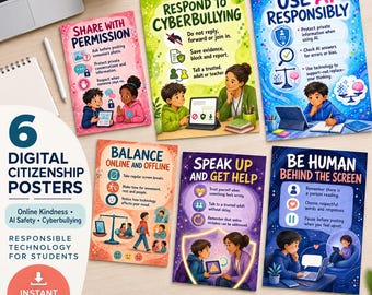 Digital Citizenship Posters: 6 Online Etiquette and AI Safety Prints for Students