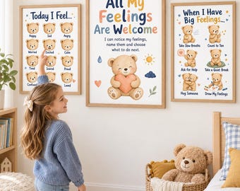 Kids Feelings Chart Set, Calm Corner Wall Art and Emotional Regulation Posters