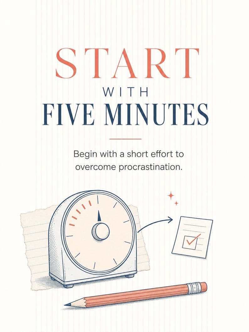 May include: A motivational poster featuring the text START WITH FIVE MINUTES and Begin with a short effort to overcome procrastination. Below the text is a line drawing of a kitchen timer, a pencil, and a checklist with a red checkmark.