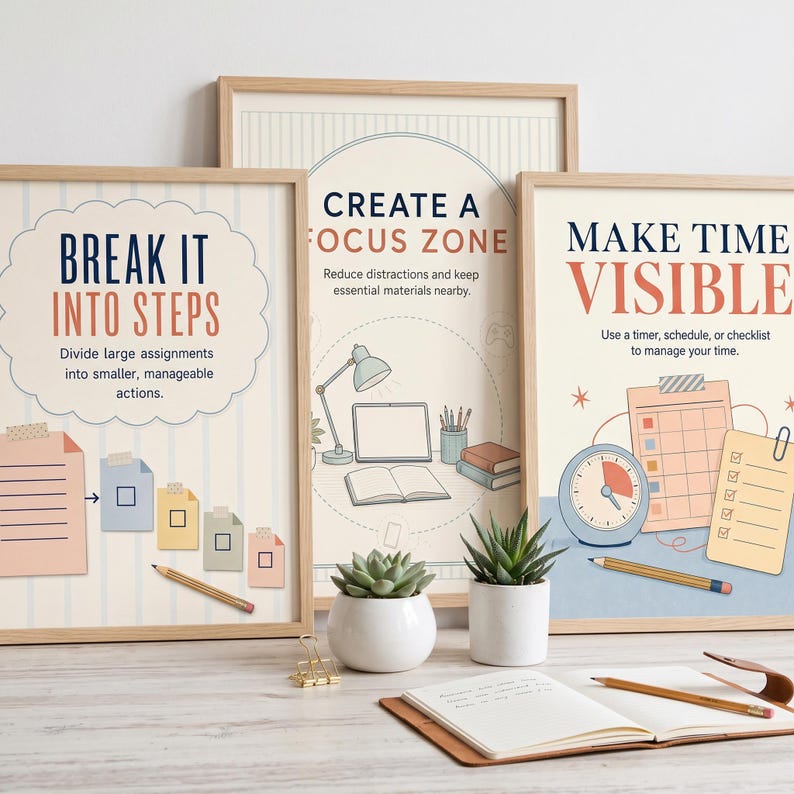 May include: Three framed posters with productivity tips. The left poster says BREAK IT INTO STEPS. The center poster says CREATE A FOCUS ZONE. The right poster says MAKE TIME VISIBLE. Two small potted succulents and an open notebook sit in front.