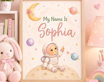 Personalized Baby Girl Name Wall Art, Pink Space Nursery Print, Custom Name Poster