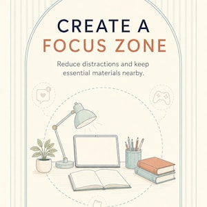 May include: A graphic illustration titled CREATE A FOCUS ZONE with the text Reduce distractions and keep essential materials nearby. It features a desk with a lamp, a tablet, an open book, a pencil holder, and two stacked books inside a circle.