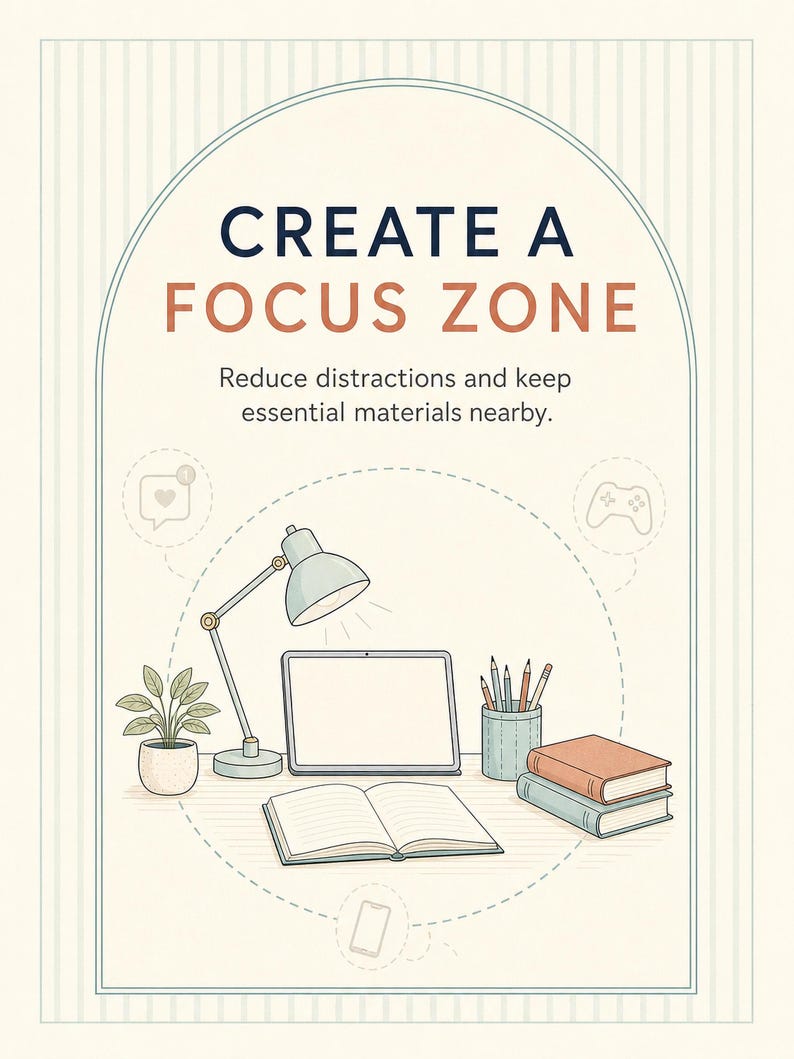 May include: A graphic illustration titled CREATE A FOCUS ZONE with the text Reduce distractions and keep essential materials nearby. It features a desk with a lamp, a tablet, an open book, a pencil holder, and two stacked books inside a circle.