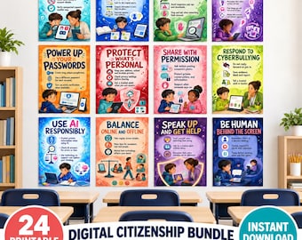 Digital Citizenship Posters, Internet Safety Classroom Decor, Set of 12 Printable Cyber Safety Prints