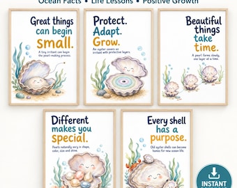 Oyster Growth Mindset Posters, Ocean Classroom Decor, Set of 5 Printable Educational Wall Art