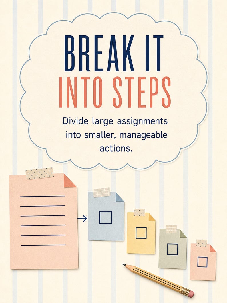 May include: A graphic poster with a scalloped speech bubble containing the text BREAK IT INTO STEPS and Divide large assignments into smaller, manageable actions. Below, a large peach paper with lines points to four smaller colored papers with checkboxes.
